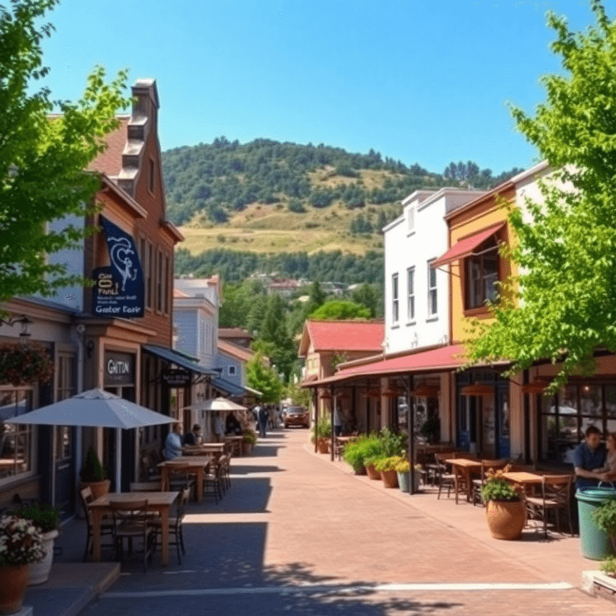 A charming small-town view of Graton, California, featuring quaint buildings, local cafes, and lush greenery, evoking a sense of community and conn...