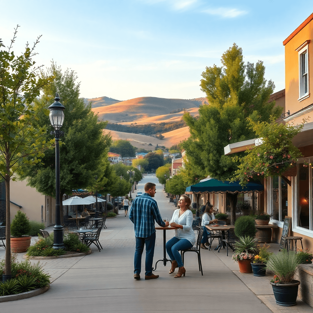 A charming small-town scene in Fairfax, California, showcasing tree-lined streets and hills, with a cozy café inviting couples to enjoy outdoor act...