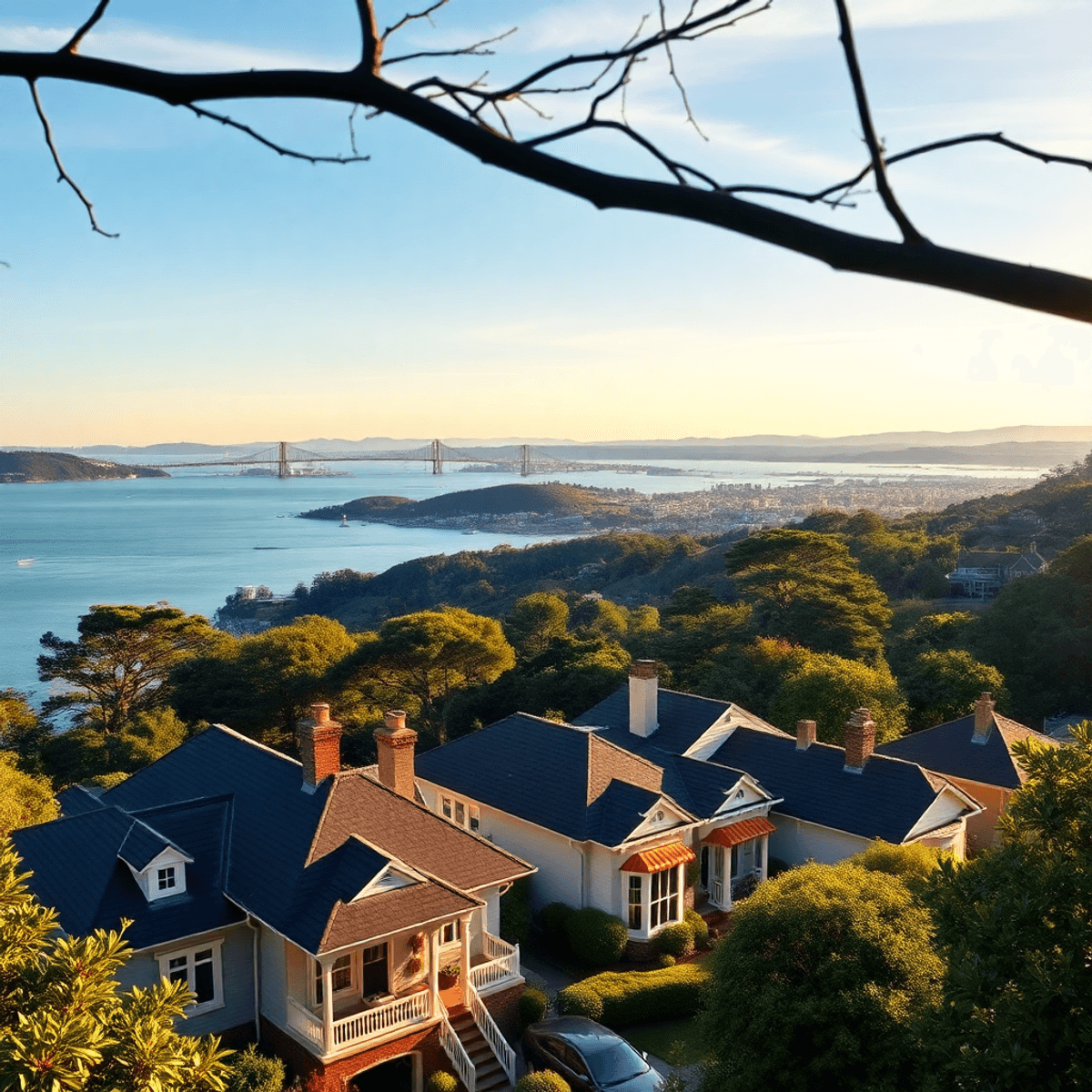 A scenic view of Belvedere, California, featuring lush greenery and upscale homes with stunning San Francisco Bay in the background, evoking romanc...