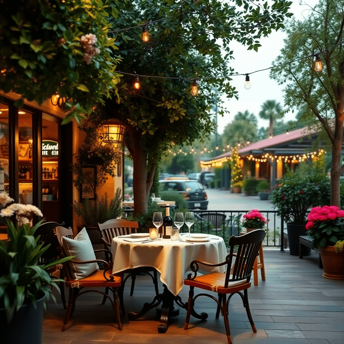 A cozy outdoor cafe table set for two, surrounded by lush greenery and flowers, with soft lighting creating a warm atmosphere, evoking romance and ...