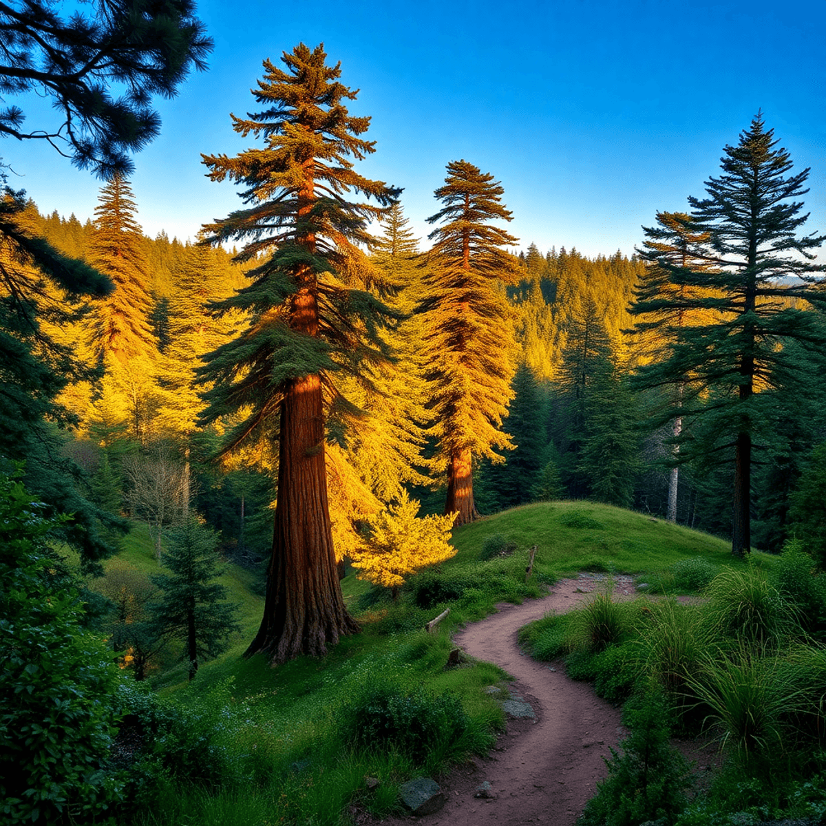A scenic view of Pajaro, California with lush greenery, majestic redwood trees, a winding trail, and warm lighting, creating a cozy atmosphere for ...