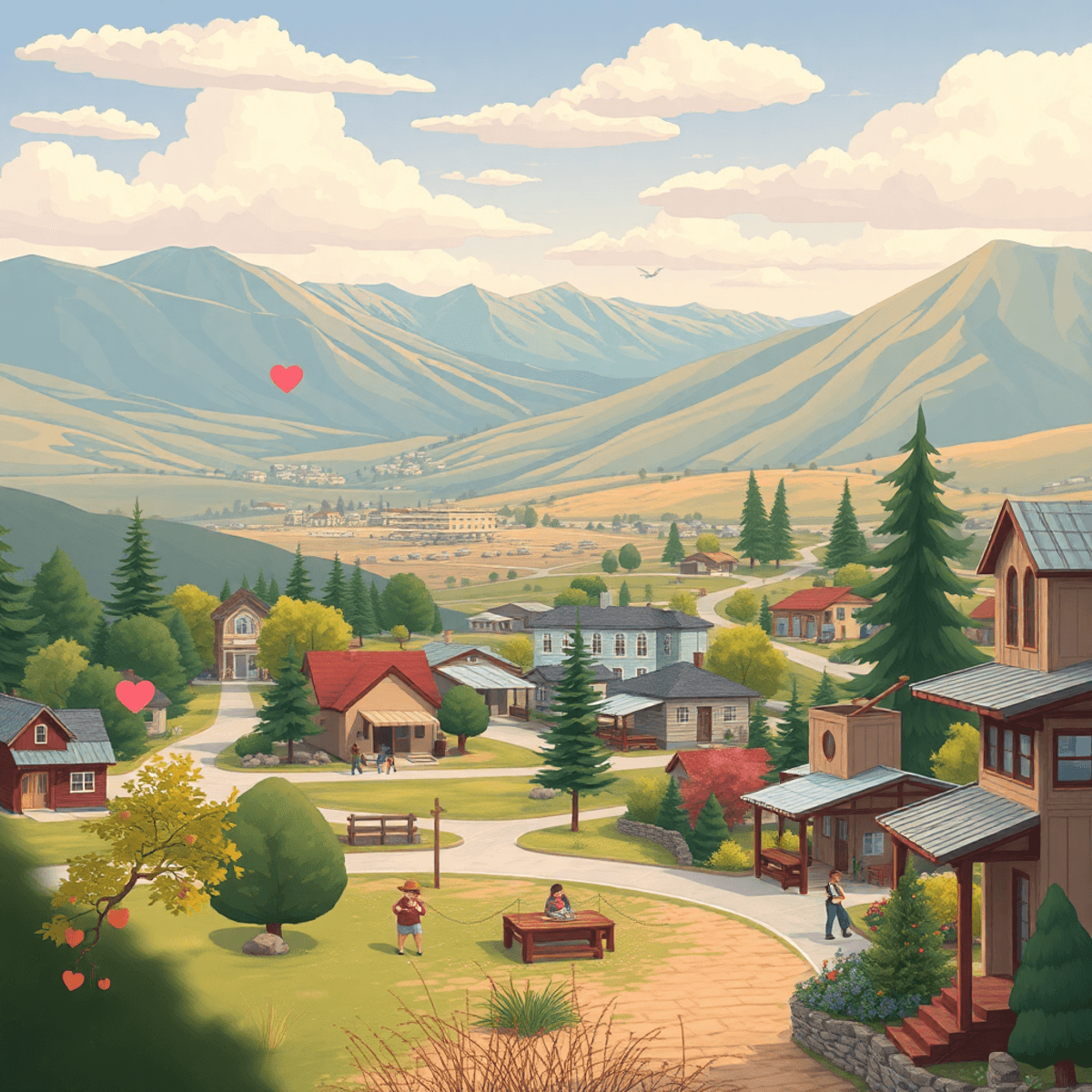 A warm, inviting small-town landscape in China Lake Acres, featuring a park with chat bubbles and hearts, highlighting community life and modern co...