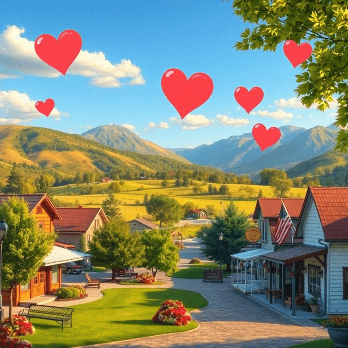 A charming rural landscape in Lewiston, California, showcasing a cozy café and park, framed by trees and mountains, with subtle heart shapes symbol...