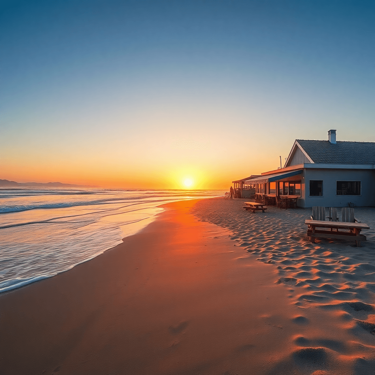 A serene beach at La Selva Beach, California, with gentle waves on a pristine shoreline and a cozy café in the background, all illuminated by a war...