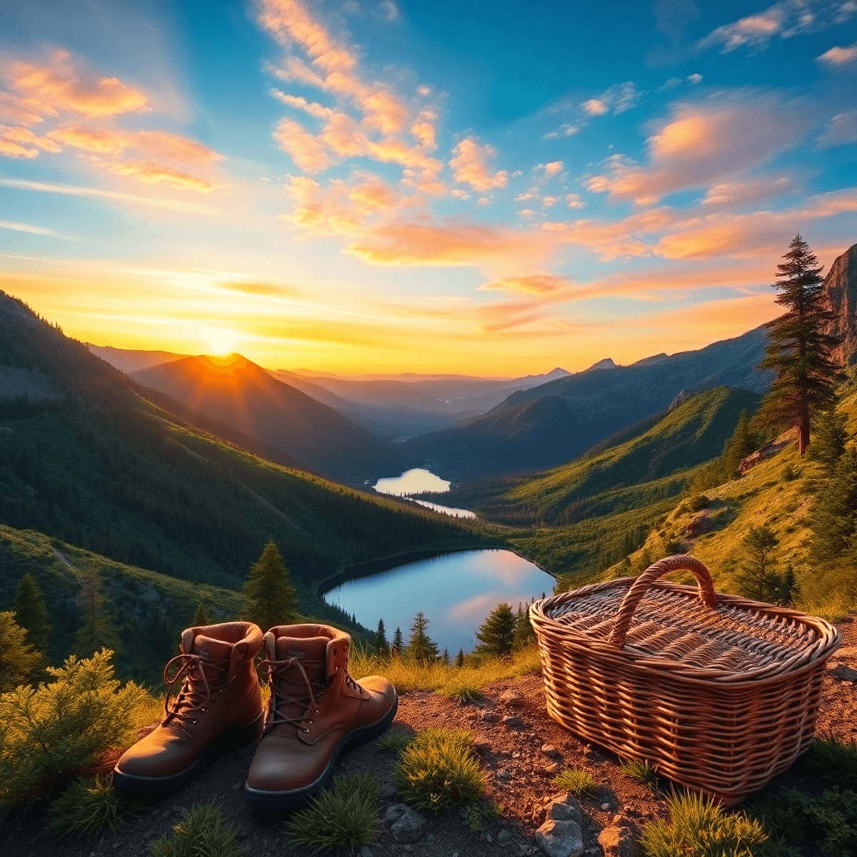 Scenic view of the Sierra Nevada mountains at Pine Canyon, with lush trails, a serene lake, hiking boots, and a picnic basket under a vibrant sunse...