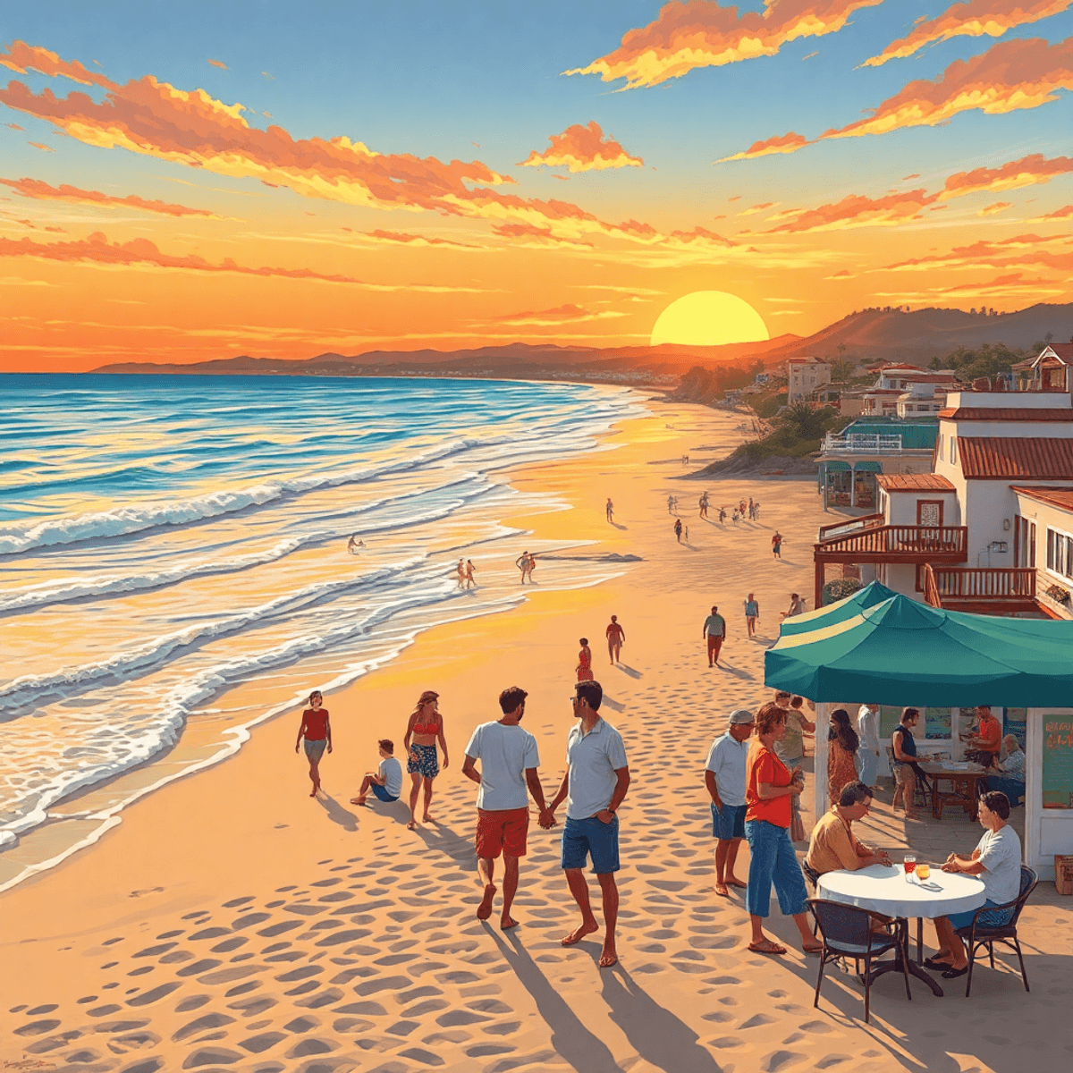 A serene coastal scene in Cayucos, California, showcasing a vibrant sunset over the beach, with beachgoers enjoying the sun and engaging in friendl...