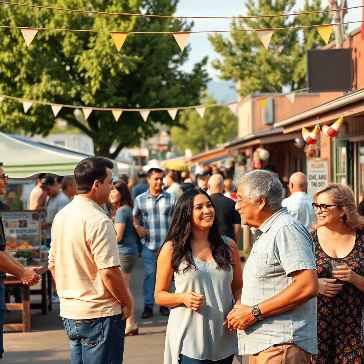 A warm and inviting small-town gathering in South Taft, California, with couples and singles enjoying food stalls, decorations, and lively conversa...