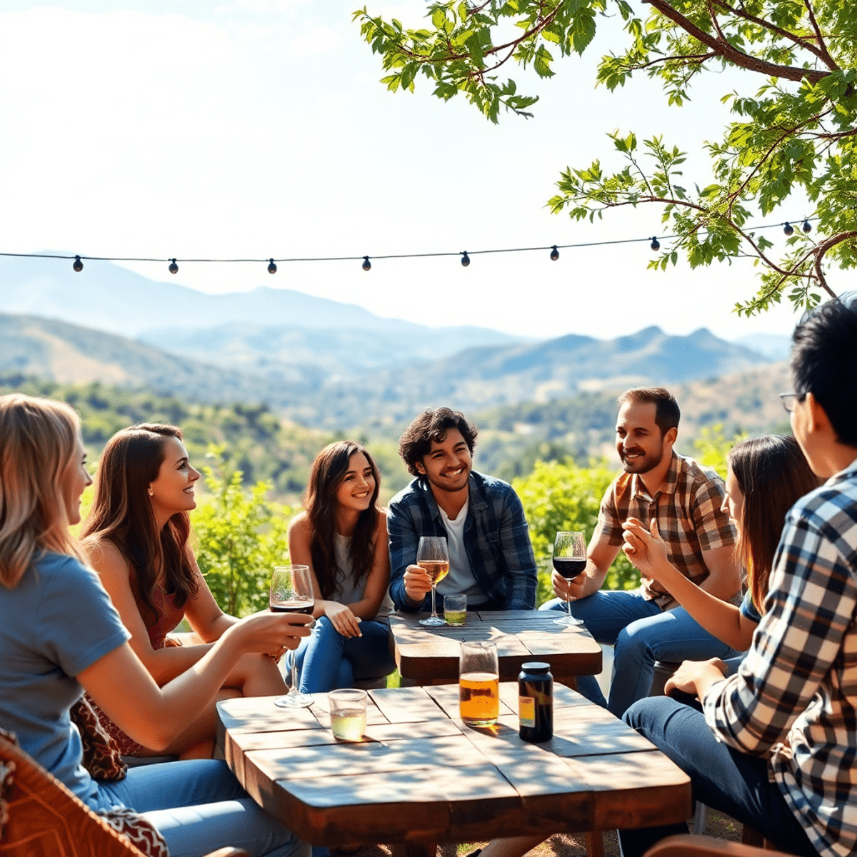 A lively outdoor gathering in Highlands, California, with a group of singles enjoying hiking, wine tasting, and board games against a backdrop of l...