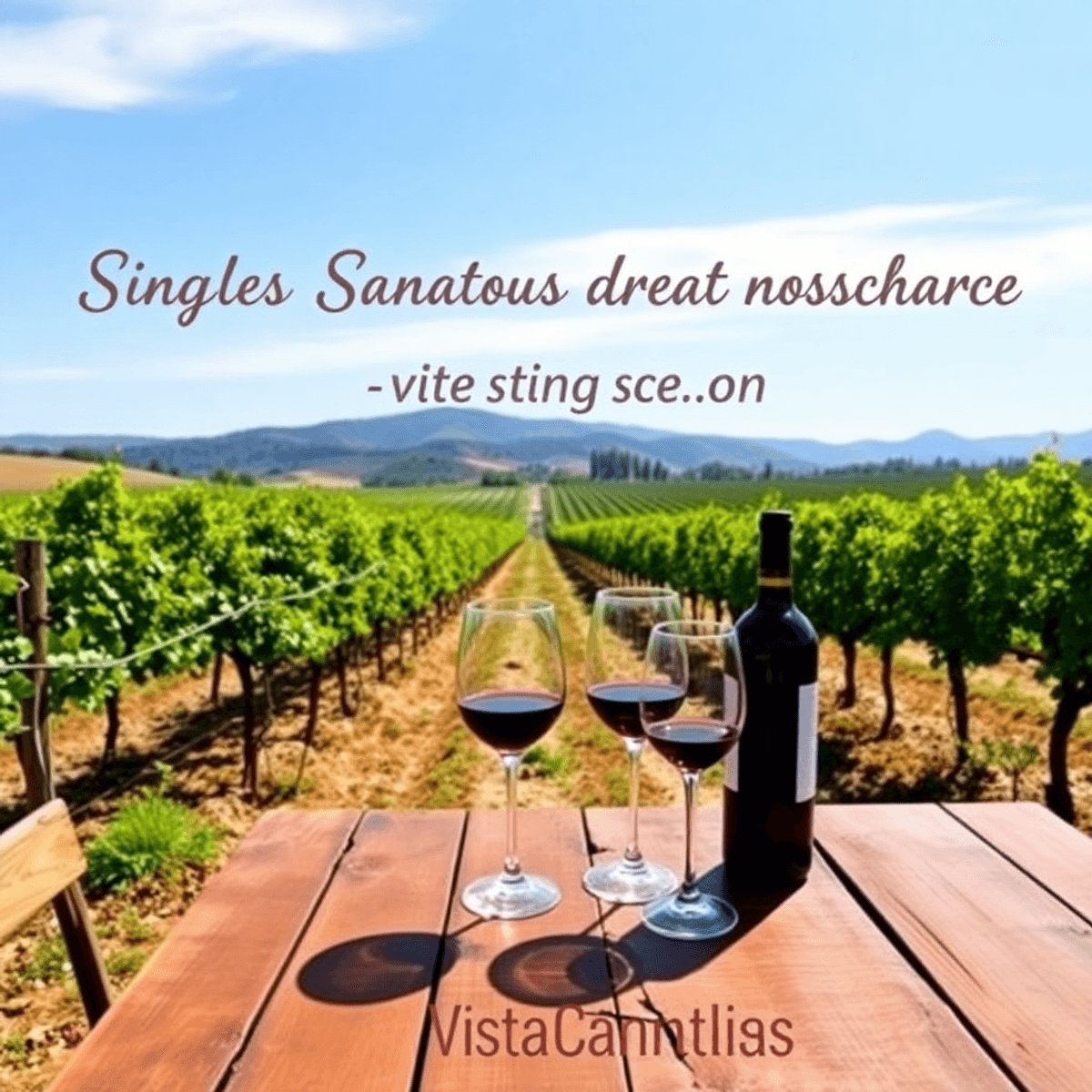 A scenic vineyard in California with rows of grapevines under a clear blue sky. A rustic wooden table is elegantly set for a romantic wine tasting ...