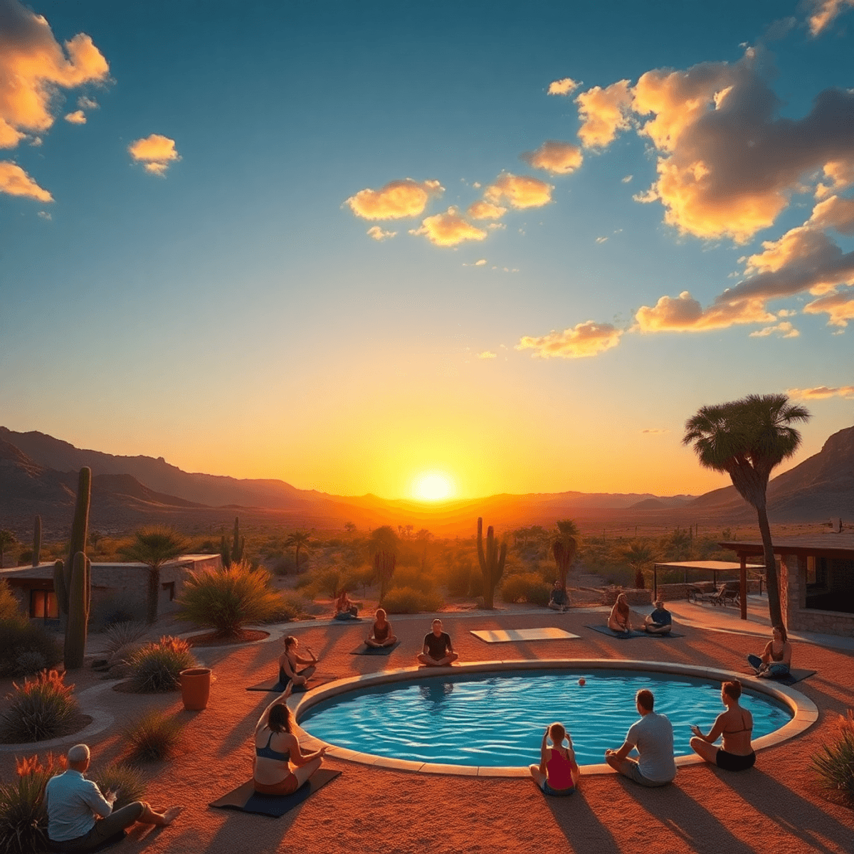 A vibrant desert landscape at sunrise in Sky Valley, California, showcasing yoga classes, a tranquil mineral pool, and a lively pickleball game, al...