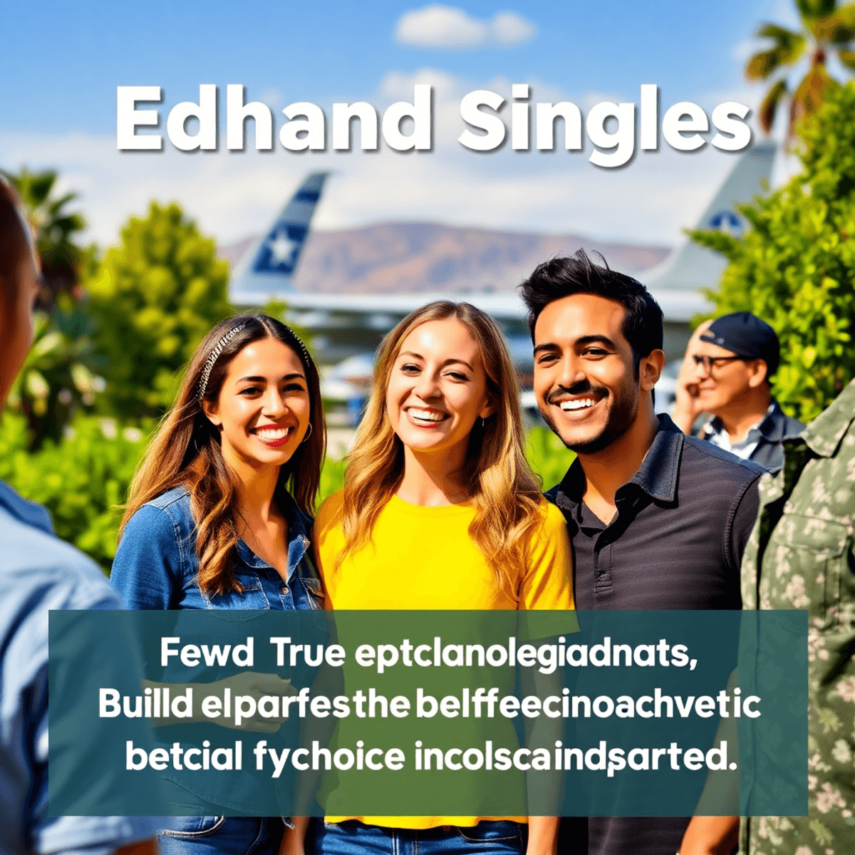 A lively outdoor gathering at Edwards Air Force Base with a diverse group of singles enjoying each other's company, surrounded by military aircraft...