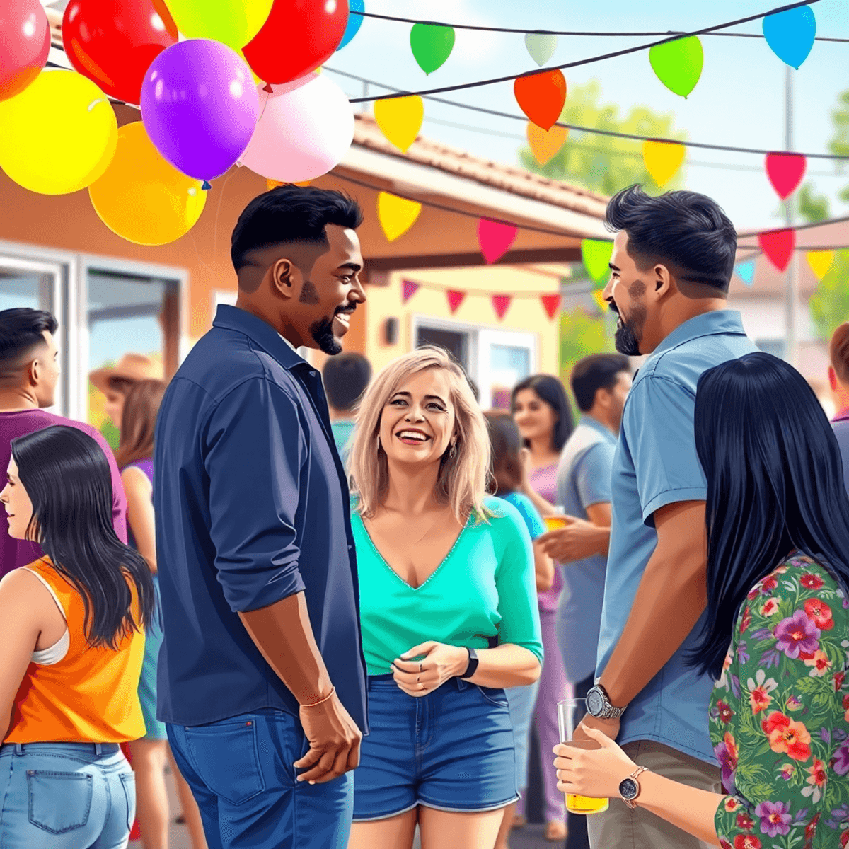 A lively outdoor event in Rexland Acres with singles chatting and laughing, surrounded by colorful balloons and festive decorations, creating a war...