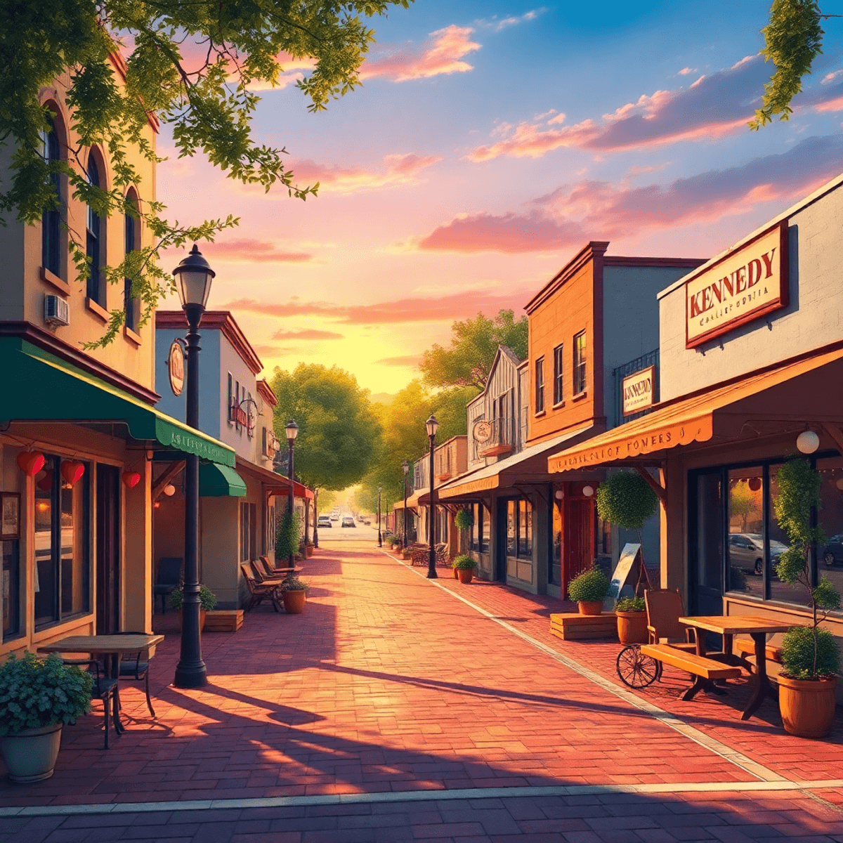 A picturesque small-town street in Kennedy, California, with cozy cafes and parks under a warm sunset, featuring subtle hearts and connection symbo...