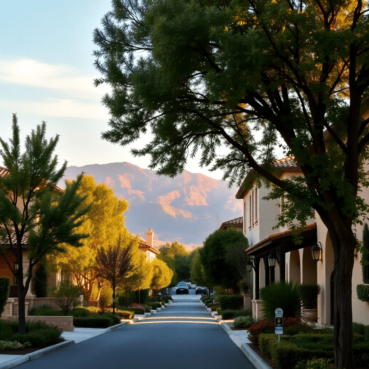A picturesque tree-lined street in Sleepy Hollow, showcasing Spanish-style homes, lush gardens, and stunning mountain views bathed in a warm golden...