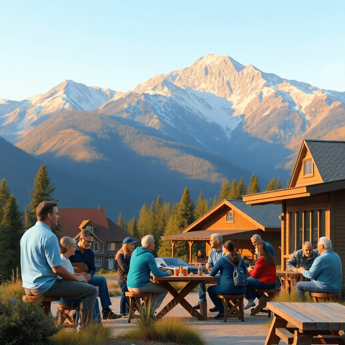 A cozy community scene at Pine Mountain Club with people hiking and chatting at a cafe, framed by majestic mountains, evoking warmth and connection...