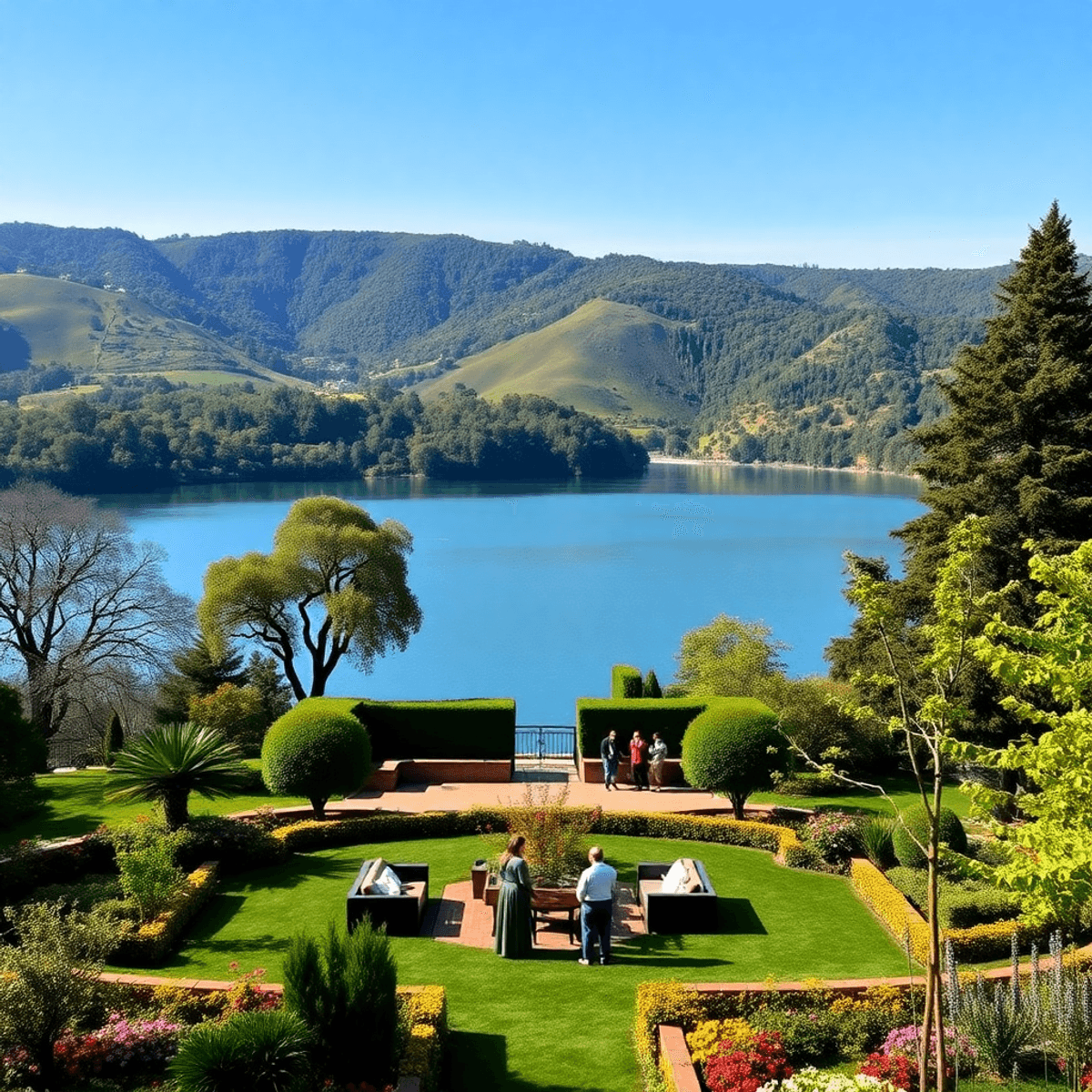 A serene lake surrounded by lush hills and elegant trees, with a colorful flower garden and cozy seating areas inviting couples to relax and connect.
