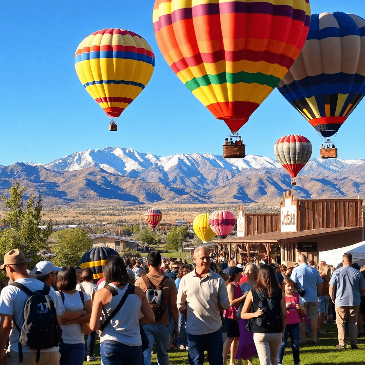 A vibrant community event in Alturas, California, with colorful balloons, people enjoying outdoor activities, and the stunning Warner Mountains in ...