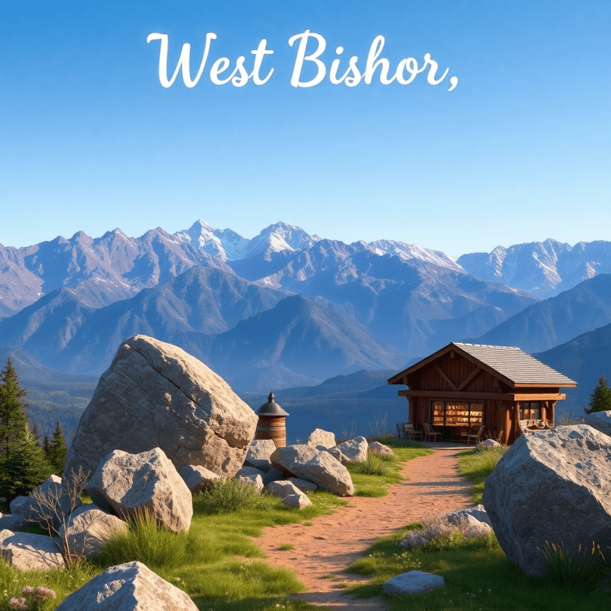 Scenic Sierra Nevada mountains with boulders in the foreground, a hiking trail leading to a cozy brewery in the background, capturing outdoor adven...