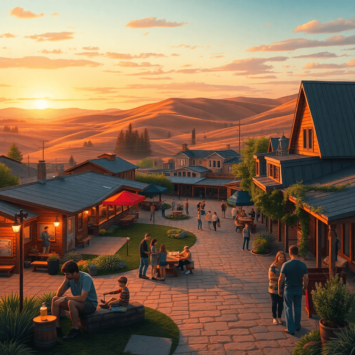 A cozy small-town scene in Weedpatch, California, showcasing rolling hills and a charming community center with couples enjoying outdoor activities...