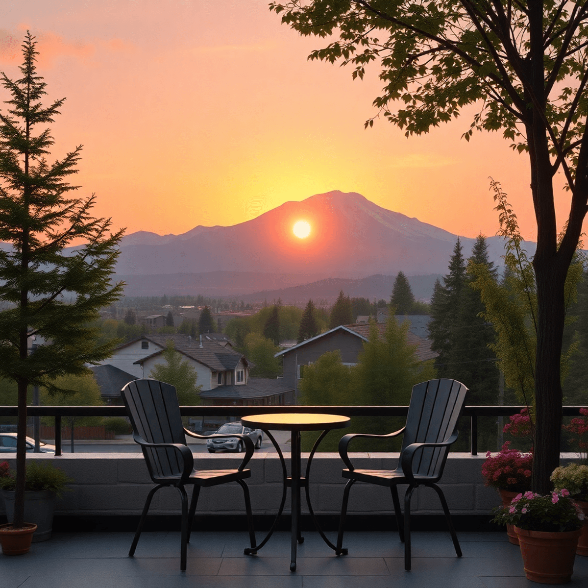 A scenic view of Mount Shasta at sunset, with a cozy outdoor café featuring two empty chairs and a small table surrounded by trees and flowers, cre...