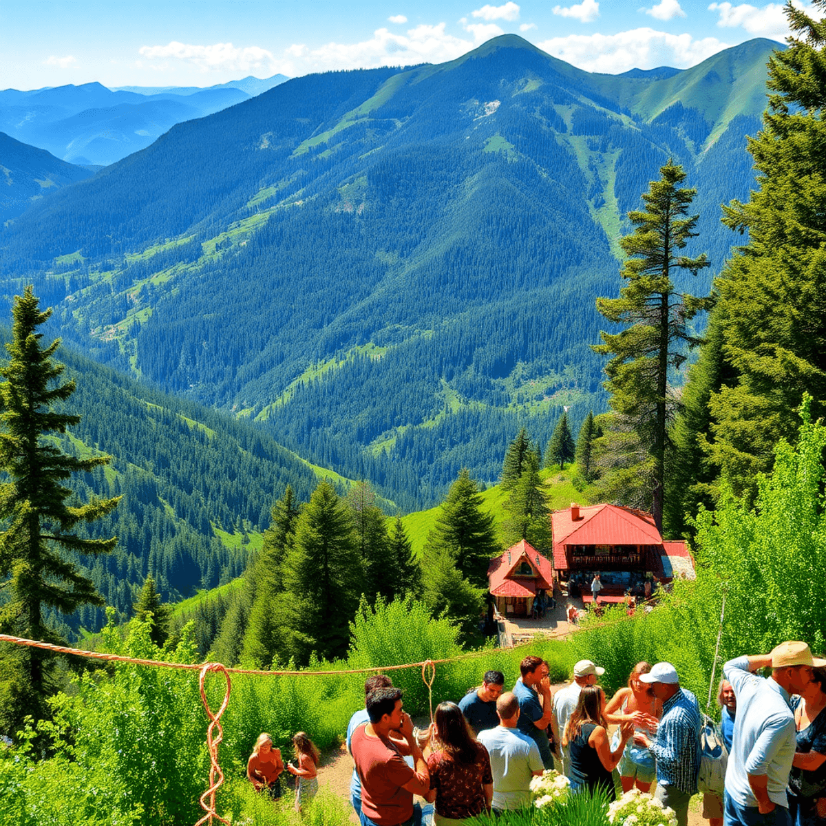 A scenic view of the Sierra Nevada mountains with lush greenery, featuring subtle heart shapes and intertwined hands in the landscape, evoking adve...