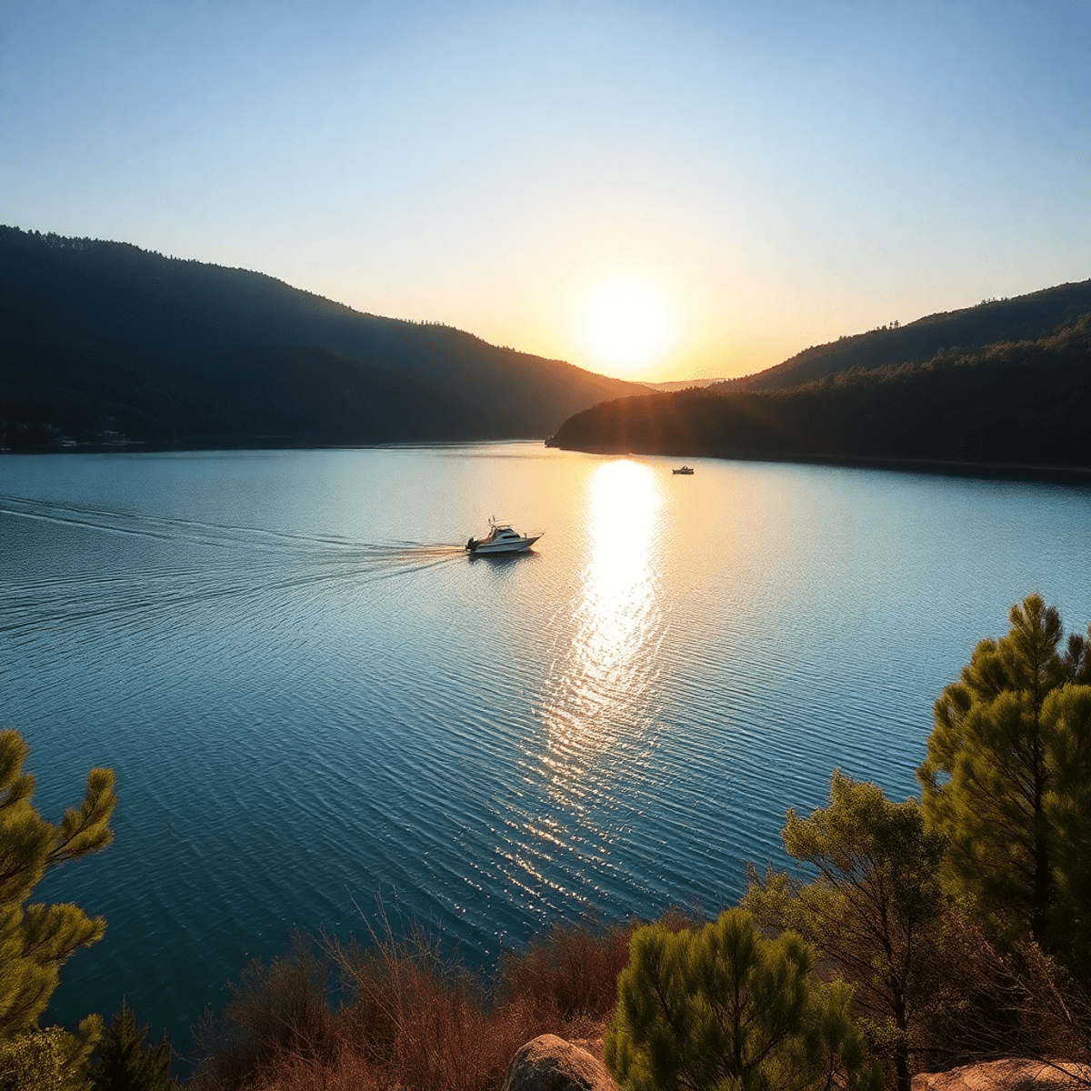 A serene sunset over Lake Nacimiento, reflecting on sparkling waters surrounded by lush green forests, with a small boat gently floating in the tra...