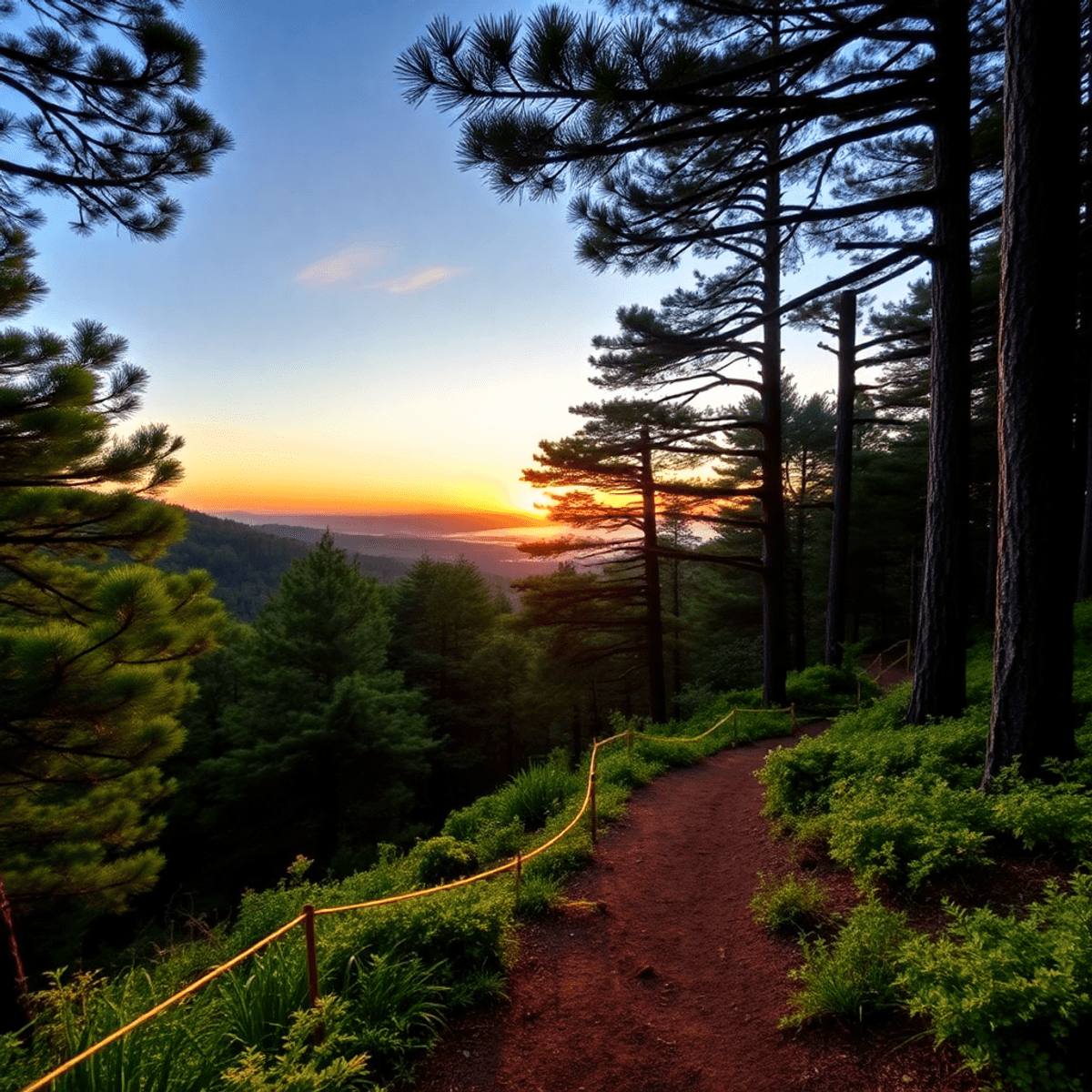 A scenic view of Del Monte Forest with lush nature trails and Monterey pines, illuminated by a warm sunset, inviting outdoor exploration and connec...
