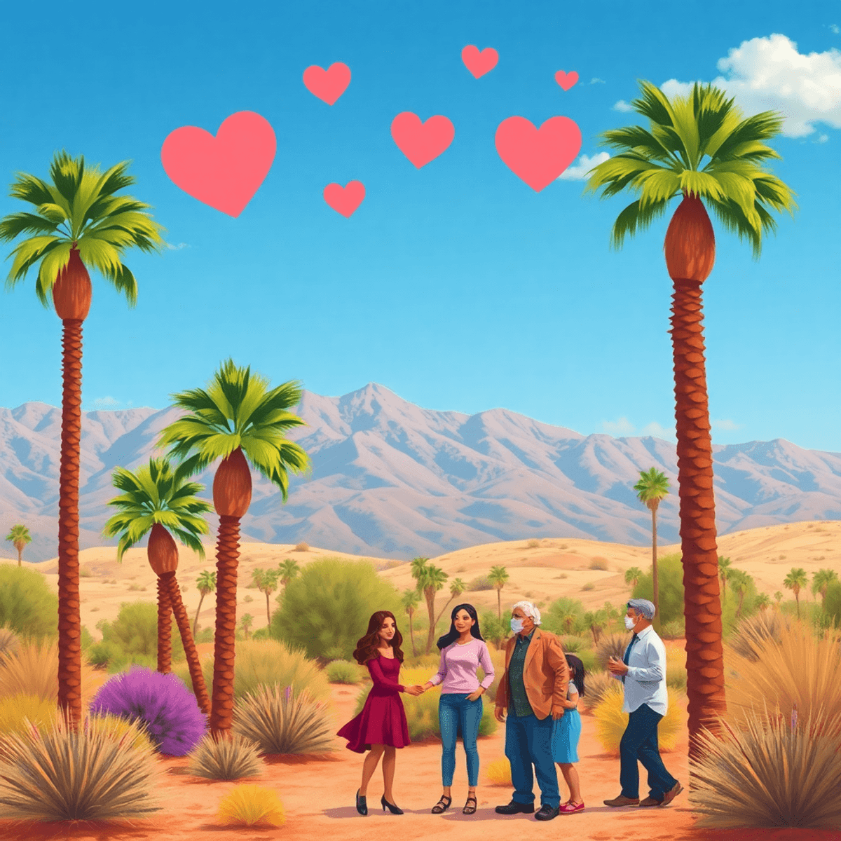 A vibrant desert landscape with palm trees and mountains, featuring hearts and intertwined hands, depicting a gathering of people enjoying outdoor ...