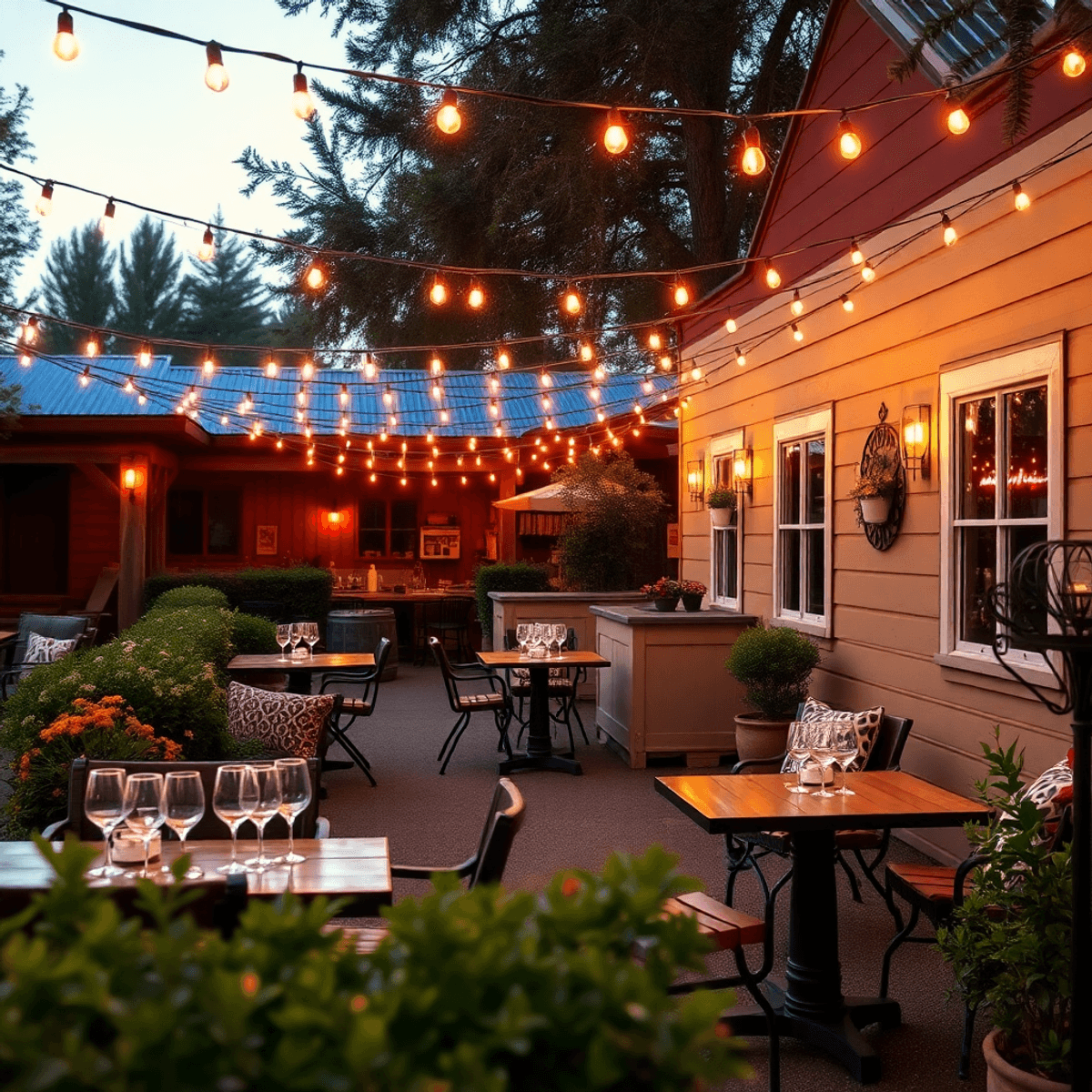 A beautifully designed outdoor venue with string lights, garden seating, wine glasses, and soft lighting, creating a romantic and intimate atmosphere.
