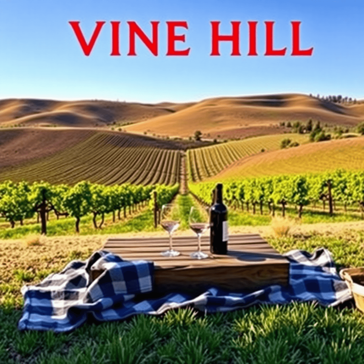 A scenic vineyard in Vine Hill, California, with rolling hills of grapevines under a clear blue sky, featuring a cozy picnic setup with a blanket, ...