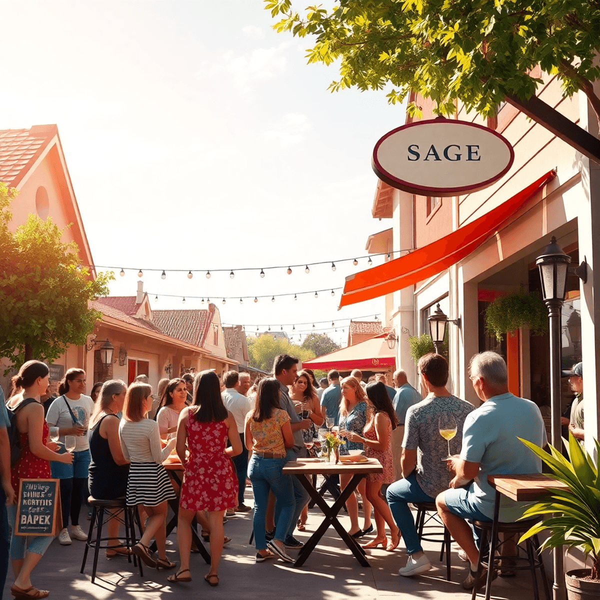 A lively outdoor event in Sage, California, featuring singles mingling over wine tasting, cooking classes, and a book club under sunny skies, foste...