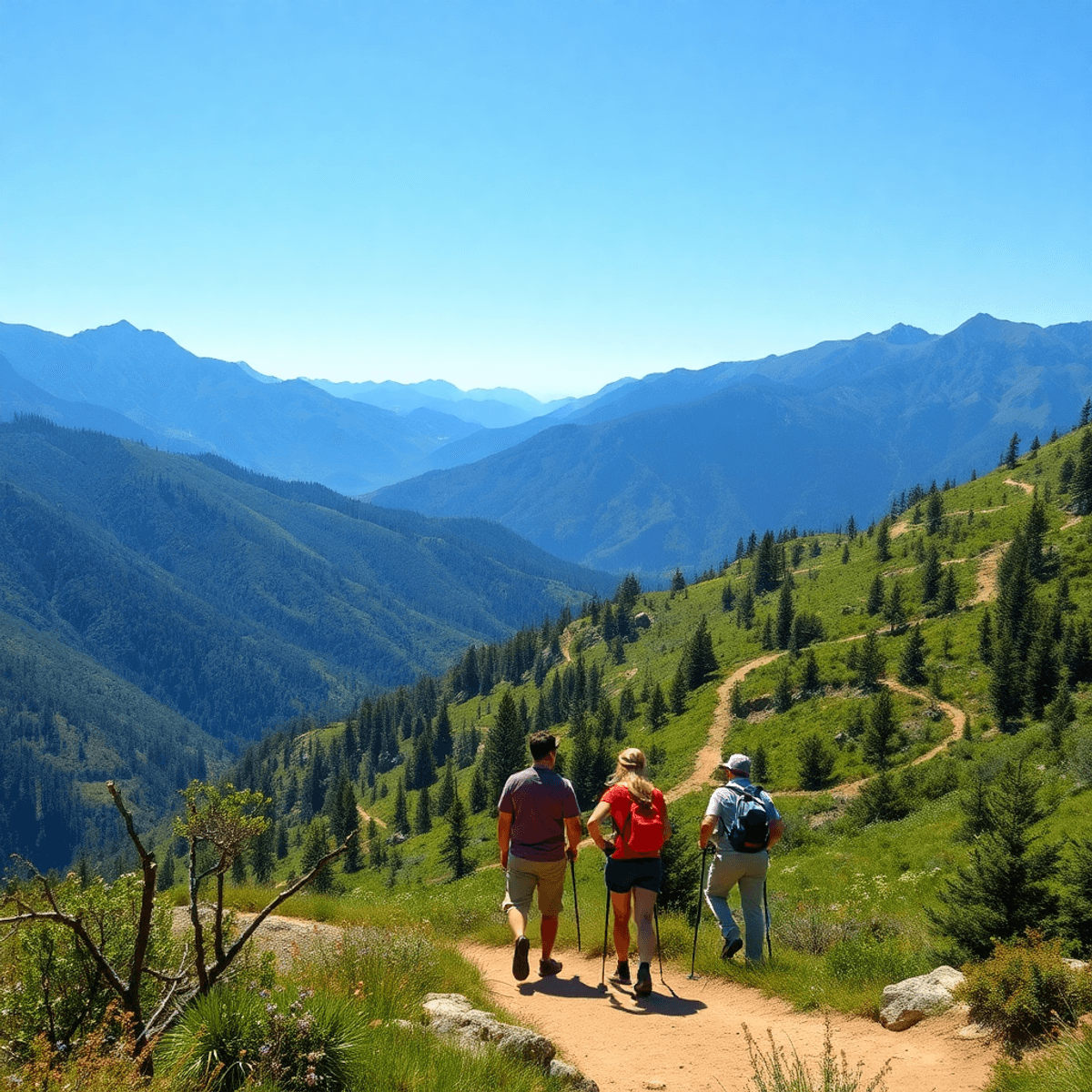 A vibrant Day Valley landscape with scenic mountain trails, lush greenery, and a clear blue sky, showcasing singles enjoying hiking and biking in a...
