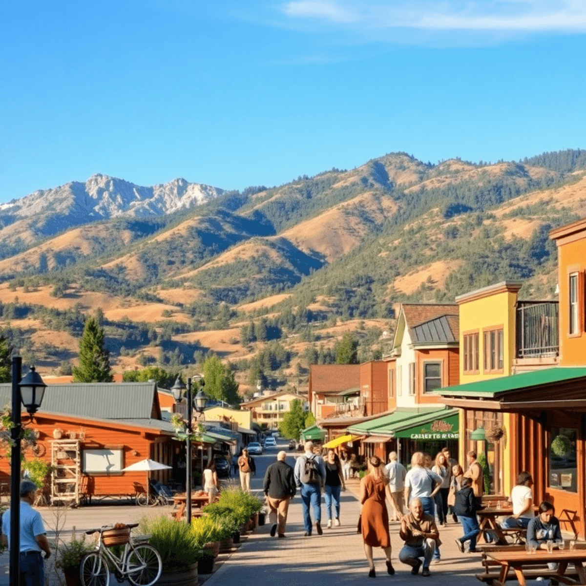 A scenic view of Buckhorn, California, featuring Sierra Nevada foothills, local cafes, hikers, and a vibrant community gathering, all radiating war...