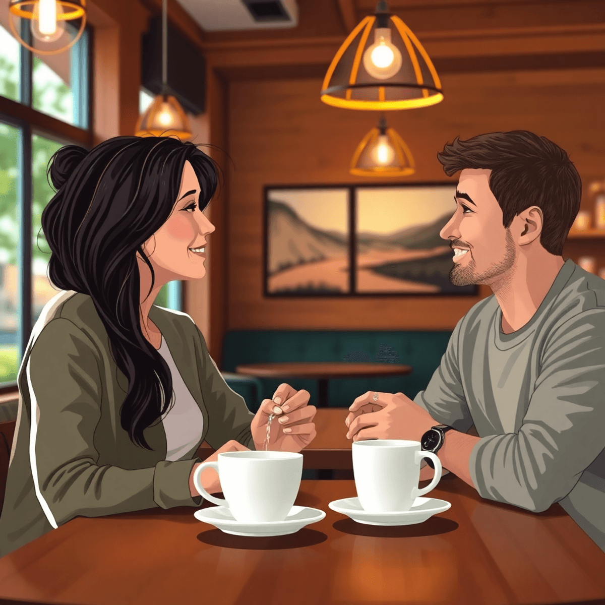 A cozy coffee shop with warm lighting, two singles chatting over coffee, and a backdrop of trees and mountains, creating an inviting and romantic a...