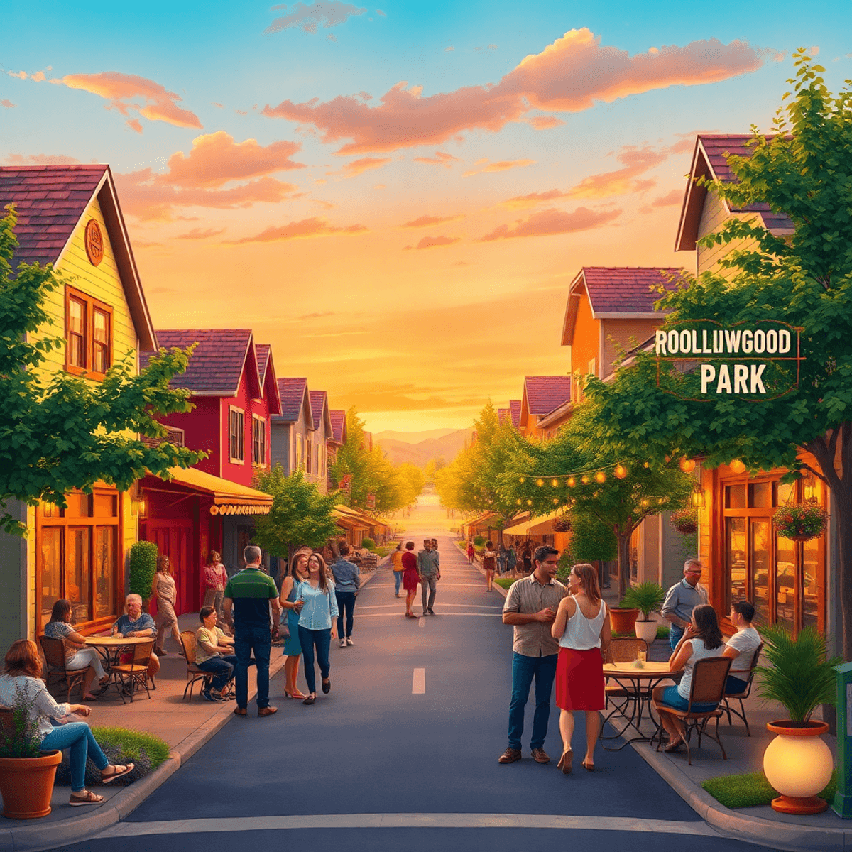A charming suburban street in Rollingwood, California, featuring cafes and parks with people mingling, set against a warm sunset ambiance, suggesti...