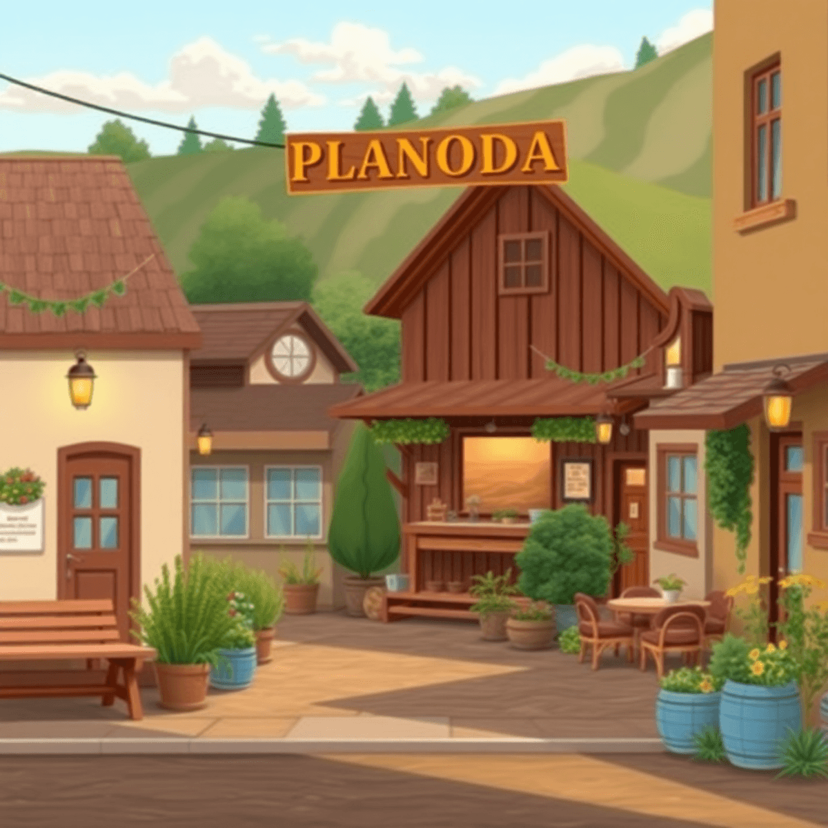 A cozy small-town scene in Planada, California, featuring local landmarks, greenery, and hints of agriculture, evoking warmth and community connect...