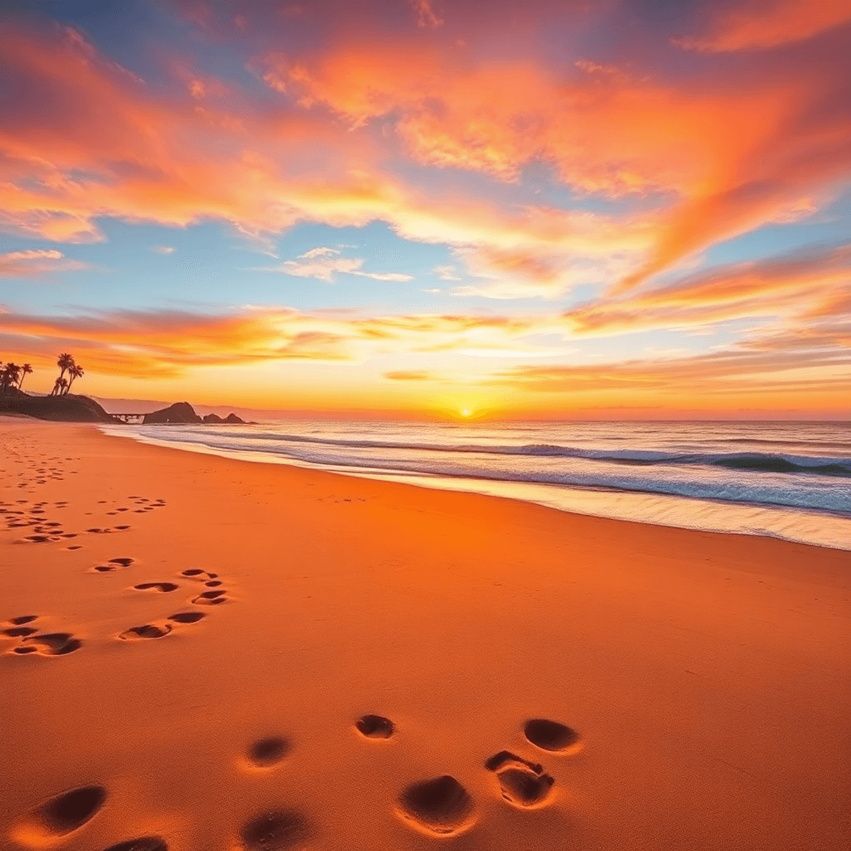 A stunning sunset at Seacliff State Beach with golden sands, gentle waves, and vibrant orange, pink, and purple skies. Silhouettes of palm trees an...