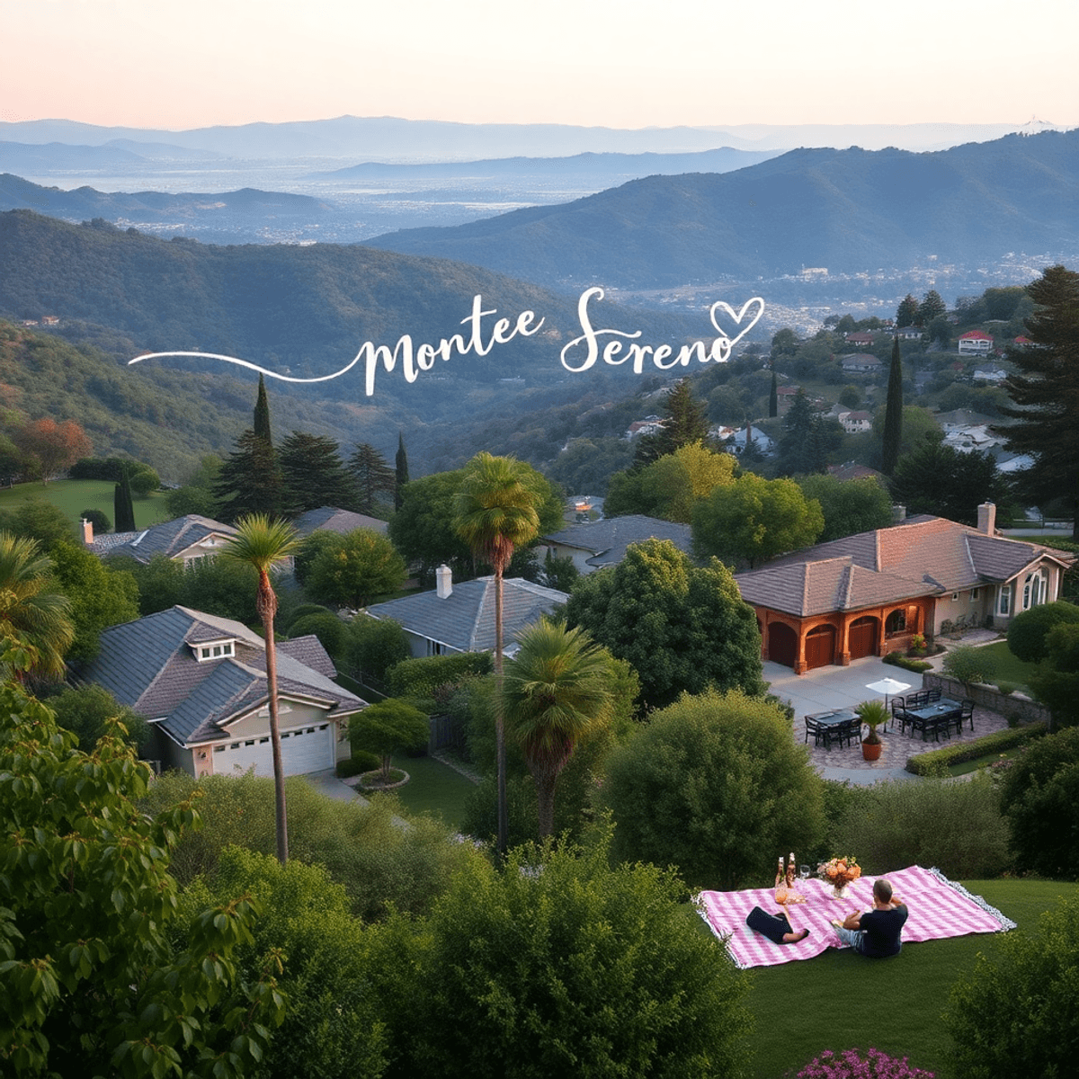 A tranquil view of Monte Sereno, California, showcasing luxurious homes amid lush greenery, with subtle symbols of romance and soft silhouettes of ...