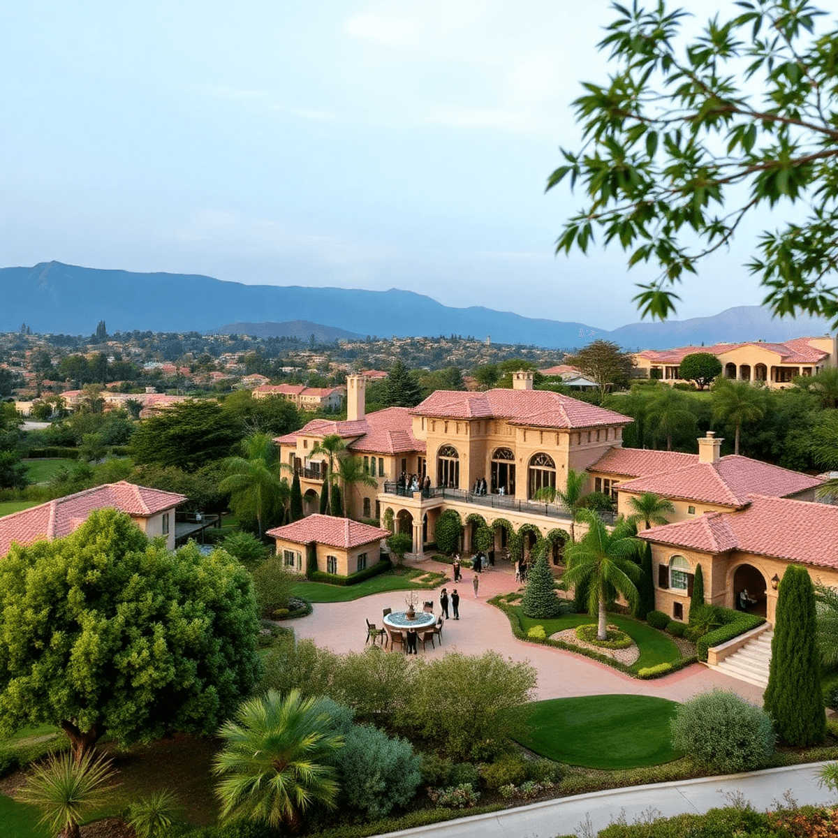 A scenic view of elegant Mediterranean-style homes nestled in lush greenery, with hints of social gatherings in the background, conveying a sense o...