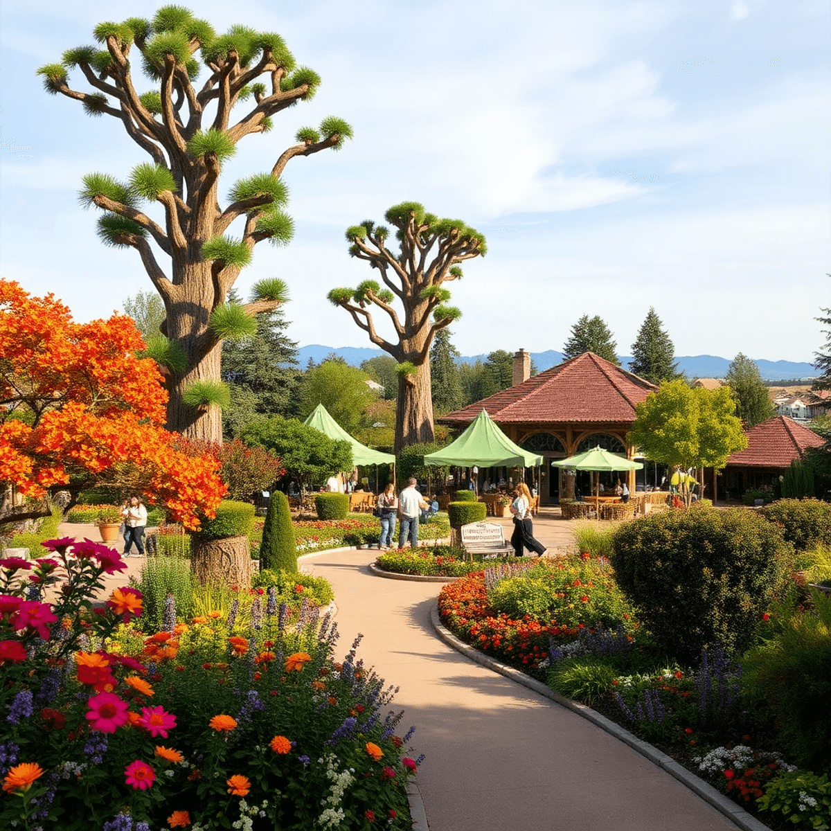 A vibrant view of Gilroy Gardens Family Theme Park showcasing lush botanical gardens, whimsical attractions, and colorful seasonal blooms, inviting...