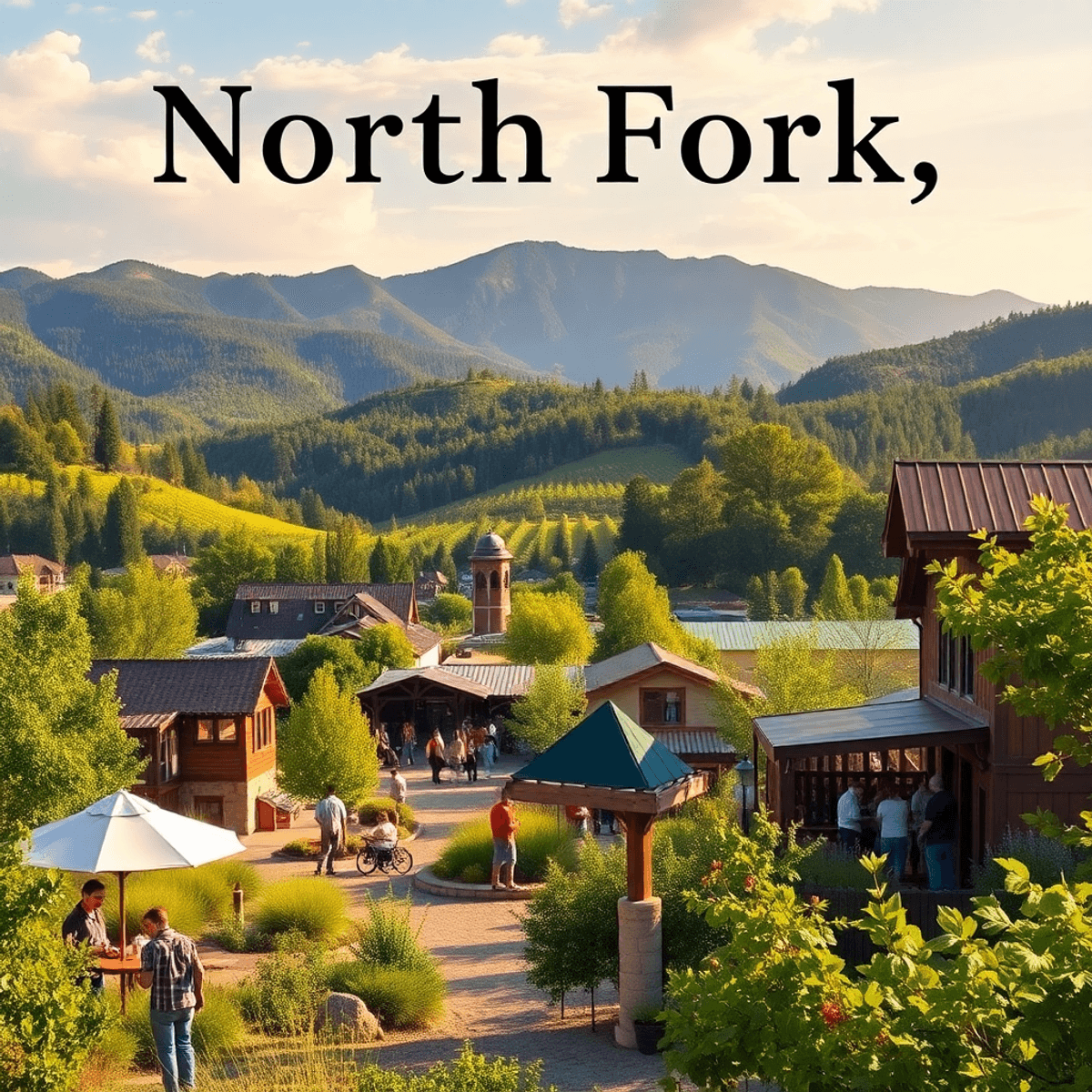 A scenic view of North Fork, California, featuring lush Sierra Nevada foothills, local events, and people hiking and enjoying wine tasting in a war...