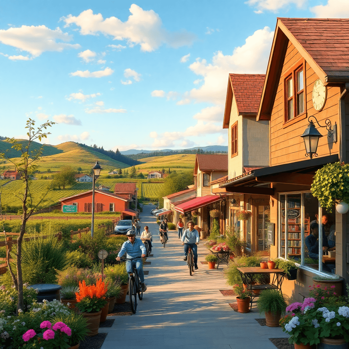 A charming small town in California with a quaint café, blooming flowers, and people biking or strolling, embodying a vibrant community atmosphere.