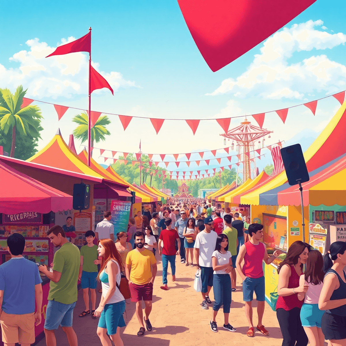 A lively outdoor festival scene with colorful stalls, food vendors, live music stages, and people enjoying carnival rides in a cheerful, inviting a...