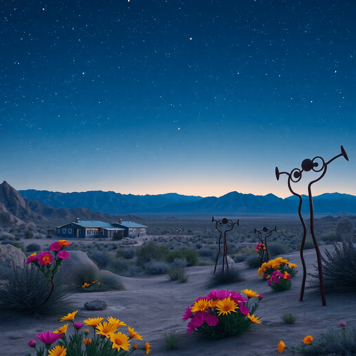 A starlit desert landscape over Borrego Springs, with vibrant wildflowers in the foreground and metal sculptures, evoking romance and adventure.