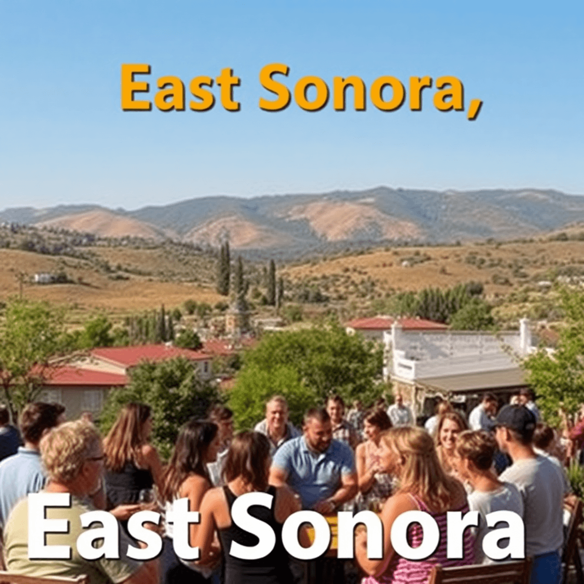 A scenic view of East Sonora, California, featuring rolling hills and a cozy community event with singles enjoying a wine tasting, surrounded by br...