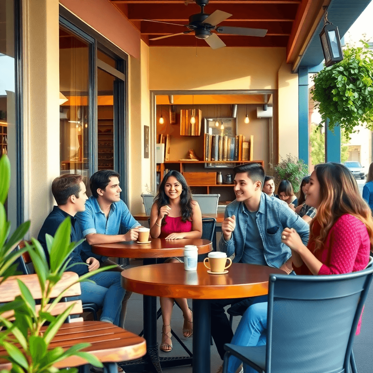 A cozy coffee shop in Old Stine, California, with young professionals chatting outdoors, surrounded by greenery and sunshine, creating a warm and i...