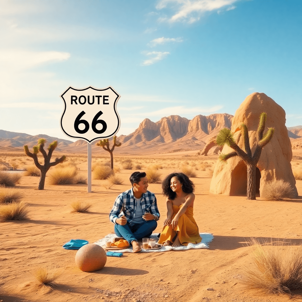 A scenic desert landscape with the Route 66 sign, a picnic setup, and a heart-shaped rock formation, featuring young adults enjoying a cheerful gat...
