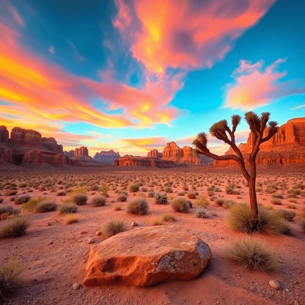 A romantic desert landscape in Homestead Valley featuring vibrant sunsets, unique rock formations, and a picnic setup under a tree with a heart-sha...