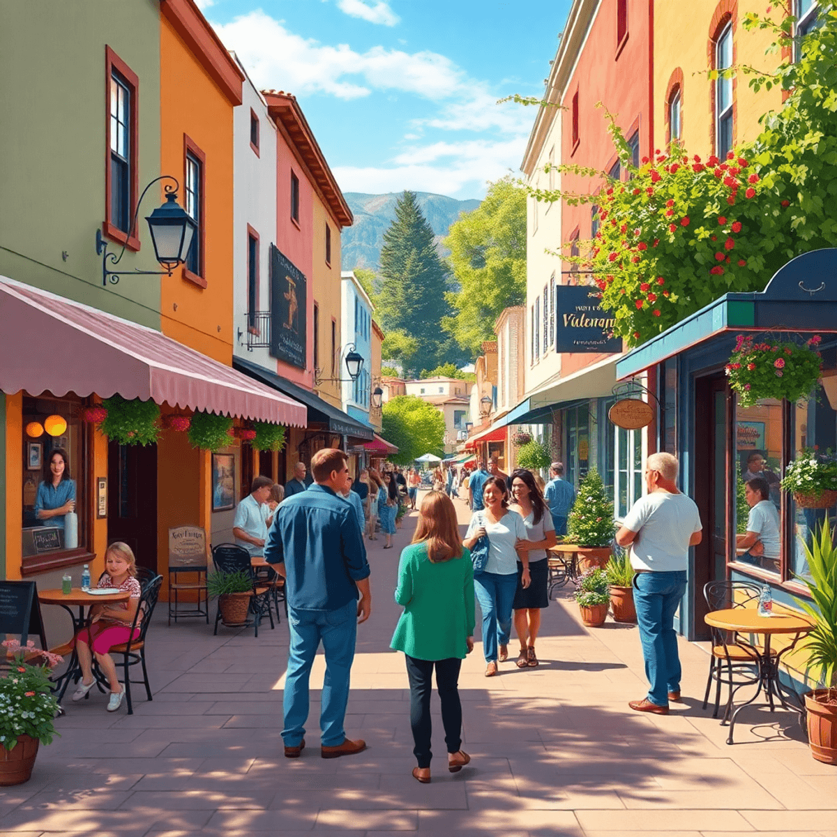 A lively small-town street in Dixon Lane-Meadow Creek, California, featuring outdoor cafes and people engaging in friendly conversations at communi...
