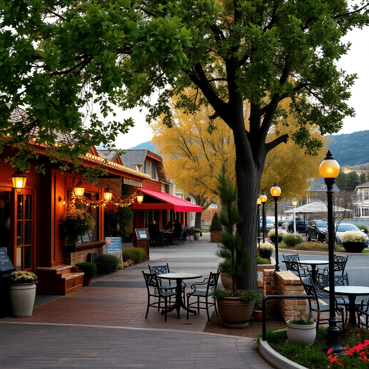 A cozy small-town street in Winchester, California, lined with cafes and parks, featuring trees and a lake, bathed in soft, romantic lighting.
